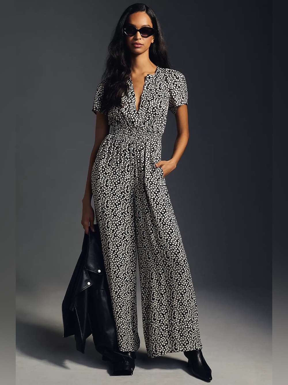 Anthropologie Somerset Black & White Floral Wide-Leg Jumpsuit
